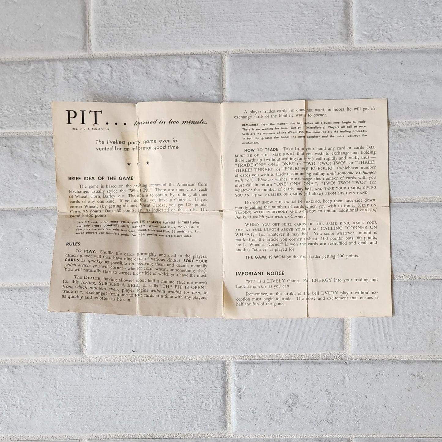 1947 PIT Card Game by Parker Brothers