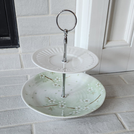 2 Tier Cake Stand White Cherry Blossoms