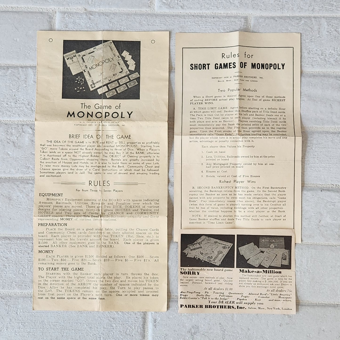 1936 Monopoly Blue Box No. 5 Original Color Pallet Dual Patent Set