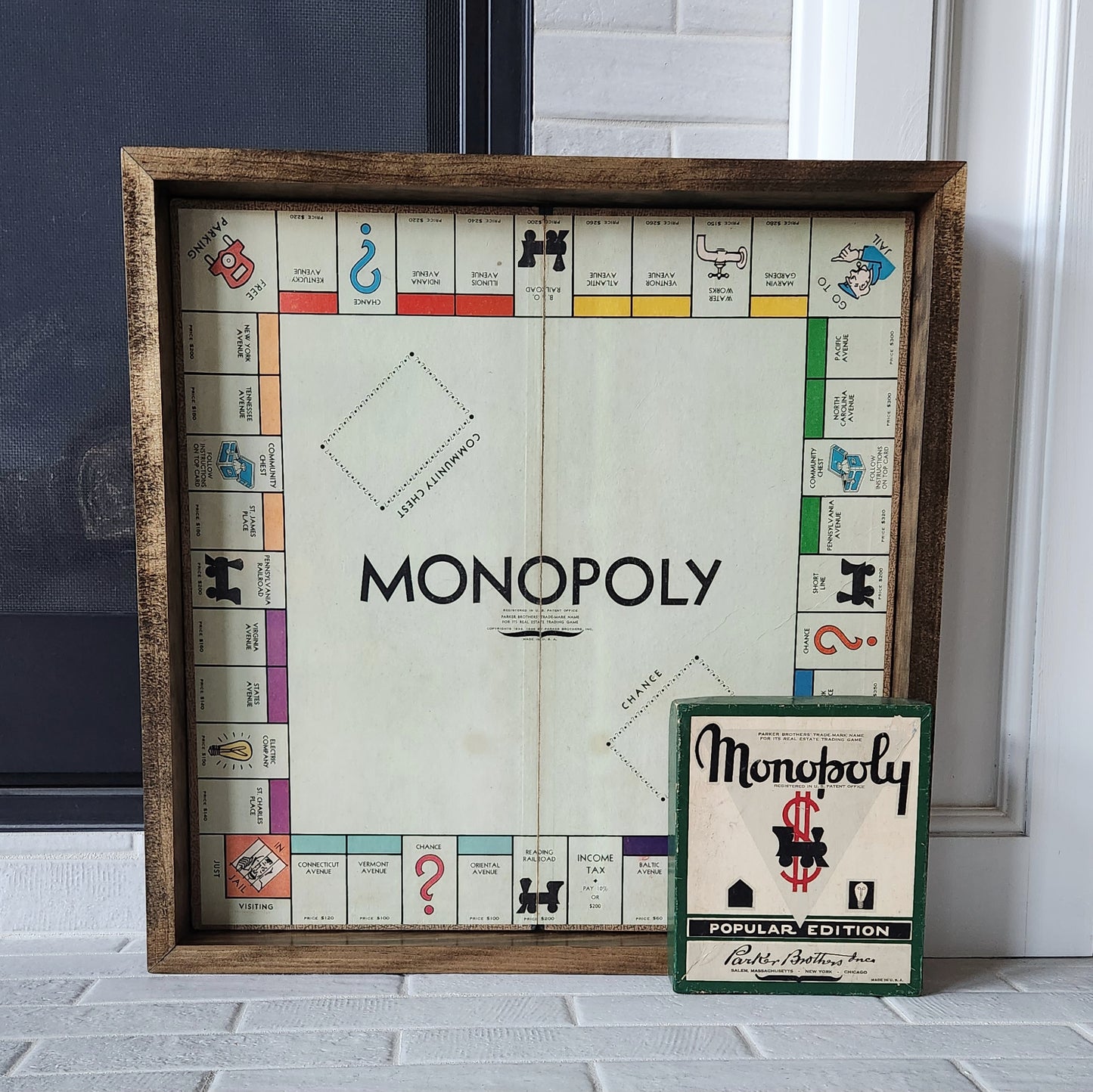 Display and Play 1953 Monopoly Green Mustache Handmade Framed Board Game