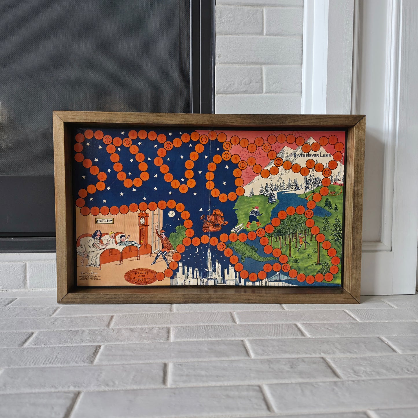Display and Play Rare 1927 Peter Pan in Never Never Land Handmade Framed Board Game