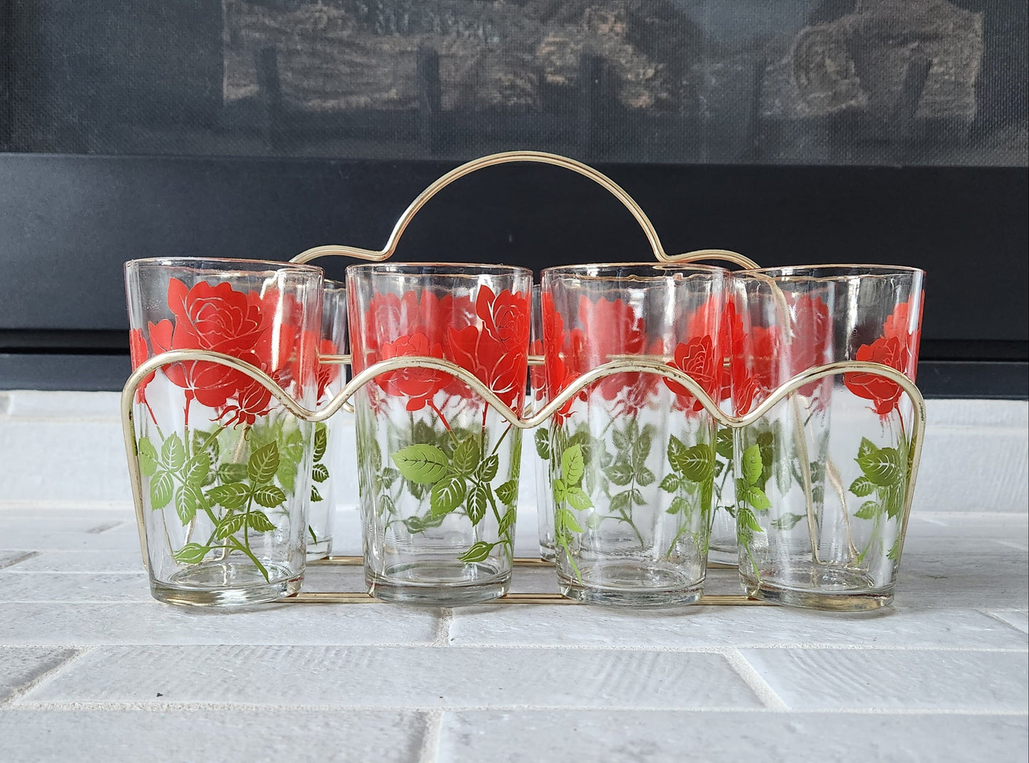 MCM 8 Red Rose Tea Tumblers Gold Rim with Gold Carrier