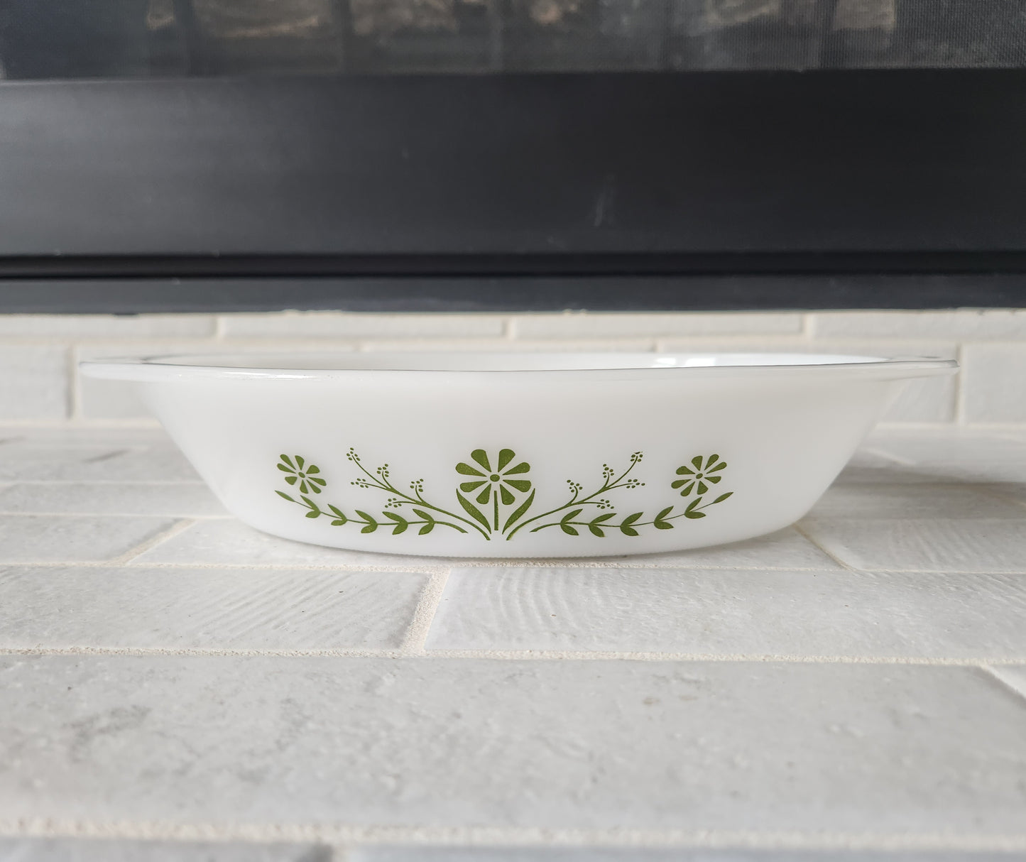 1970s Glasbake Green Crazy Daisy Divided Oval Casserole Dish J2352